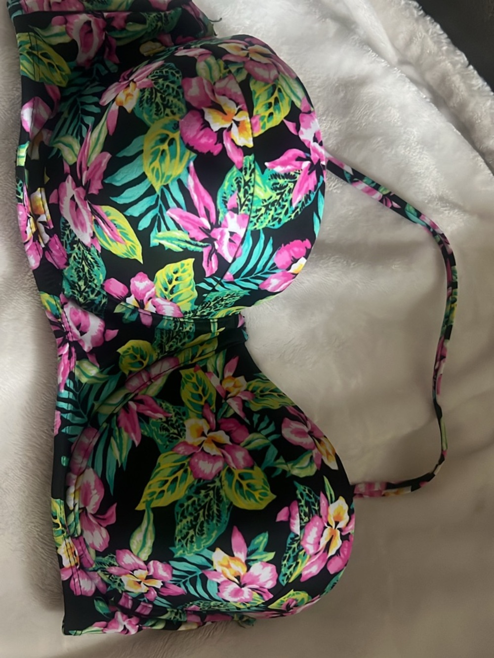 Tropical Floral Molded Cup Bikini Top - Black with Pink & Green - Picture 3 of 4